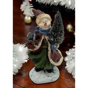 Vintage Snowman Christmas Figurine Holding Tree and Birdhouse w/ Glitter Accents